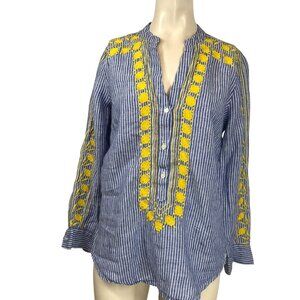 J. CREW- WOMEN'S XS -BLUE YELLOW LONG SLEEVE V NECK BUTTON EMBROIDERED TOP